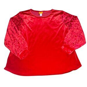 Ruby Rd. Scoop Neck Velvet Sweatshirt W/ Animal Print Sleeves-Red-1X-GUC